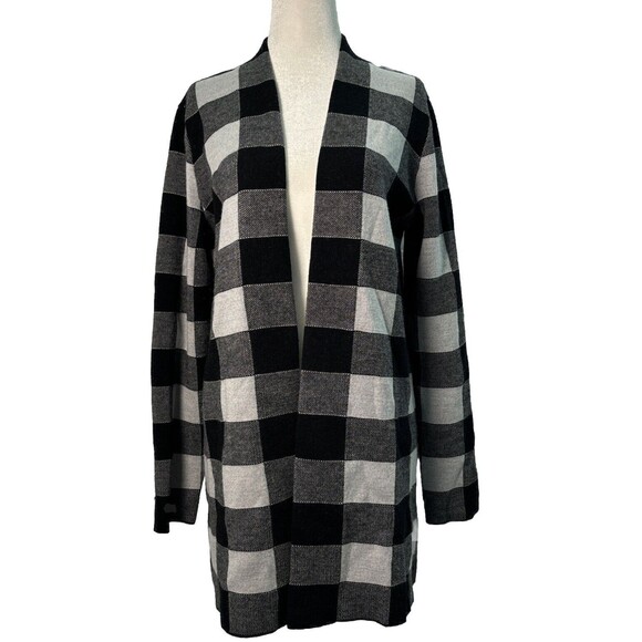 Talbots Merino Wool Buffalo Check Open Front Cardigan Sweater Medium - Picture 2 of 7